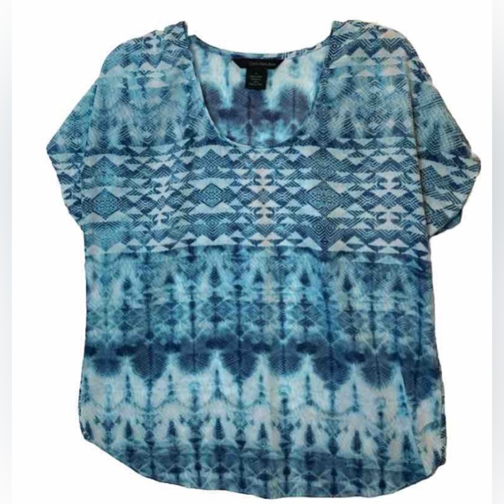 Calvin Klein Jeans geometric aqua blue print flowy scoop neck blouse medium